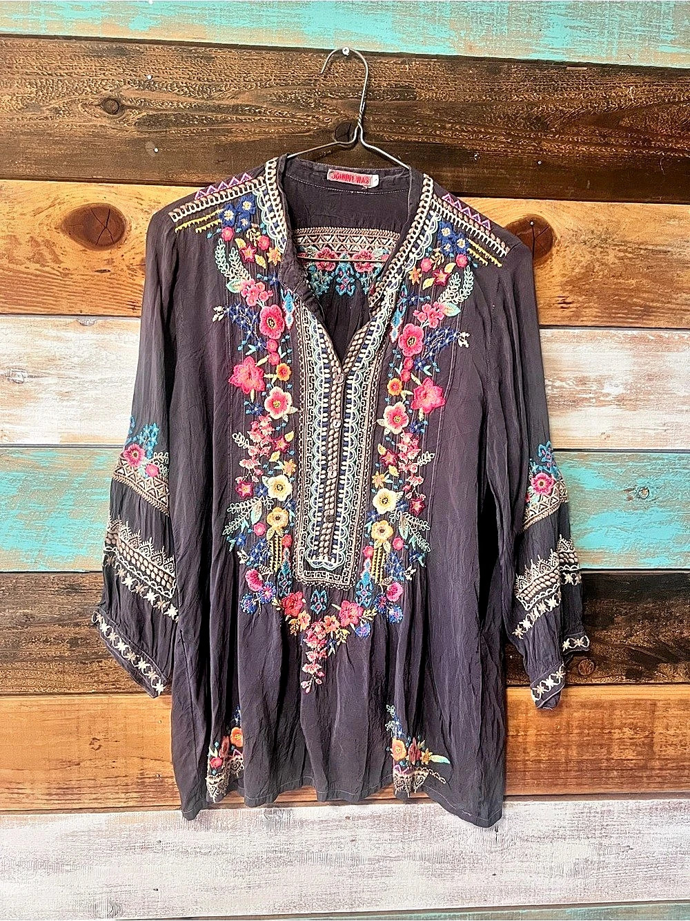Johnny Was Embroidered Floral Tunic in Black Size Small, added panels.
